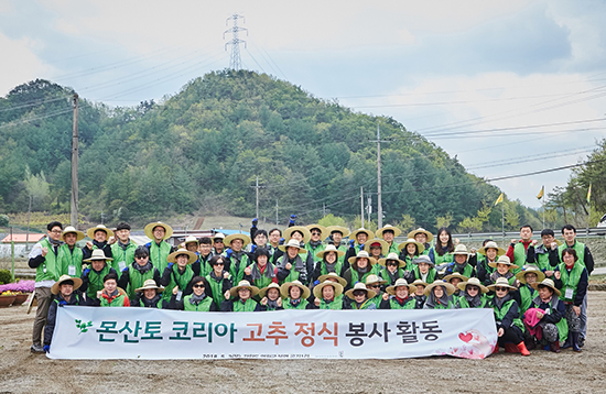 몬산토 코리아 임직원들이 5월 3일 강월도 영월군의 고추 재배 농가에서 고추 정식을 돕는 봉사활동을 진행했다.