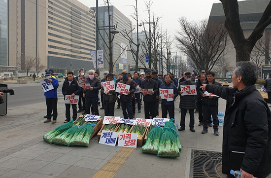 지난 6일 겨울대파 생산자들이 광화문 한복판에서 대파값 하락으로 생존권을 위협받고 있다며 대책을 호소하고 있다.