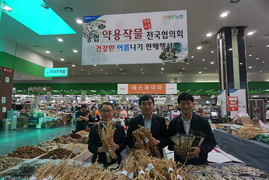 윤도수 농협경제지주 인삼특작부장, 남정순 농협약용작물전국협의회장, 강호성 농협유통 양재점 지사장(왼쪽부터)은 지난 4일 농협유통 양재점에서 국산 약용작물 판매확대를 상호 협력하기로 약속했다.