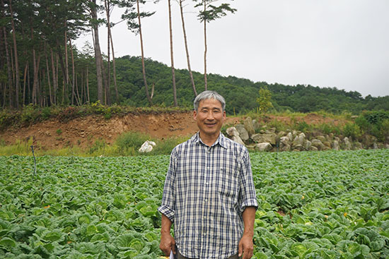 지난 4일 강원 평창군 진부면 한빛농장 고랭지 배추밭에서 전태하 조합원이 미소를 짓고 있다.