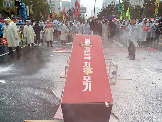 지난 13일 국회 앞 도로에서 한농연, 한국농축산연합회 소속 농민 1만여명이 개도국 지위 포기에 대한 대규모 장외 시위에 나서고 있다.