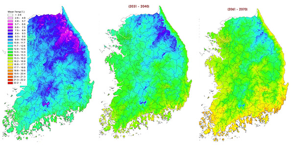 과거(1981∼2010) 2030년대 2060년대(그림 10 기후변화시나리오(RCP8.5)에 따른 미래 연평균기온 변화(℃)