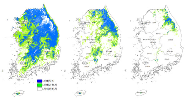 과거(1981∼2010) 203년대 2060년대(그림 2) 기후변화시나리오(RCP8.5)에 따른 사과 재배적합지 변동 예측지도