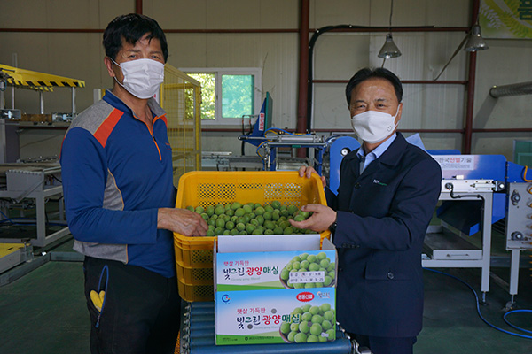 장진호 조합장(오른쪽)은 매실판매처 다갹화를 통해 농가소득증대를 이루기 위해 많은 사업연구를 하고 있다.