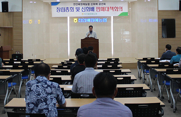 천안배원협은 신품종 신화배의 원활한 생산 및 유통판매를 위해 공선회 조직 지원을 실시하고, 판매대책회의 등을 지속적으로 개최하고 있다.