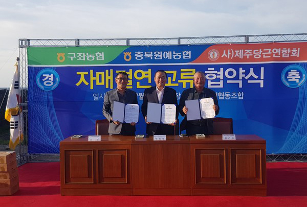 (맨 왼쪽부터)윤민 제주 구좌농협 조합장, 박철선 충북원예농협 조합장, 김은섭 제주당근연합회장이 자매결연 협약서를 들고 기념촬영을 하고 있다.