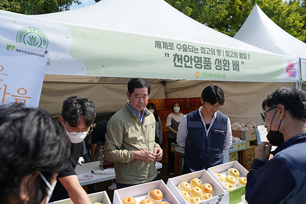 지난달 23~24일 이틀간 천안시흥타령춤축제 내 ‘농특산물 한마당 큰잔치’에서 천안배원예농협의 천안배청년농업인연구회가 운영하는 부스를 박성규 천안배원예농협 조합장(가운데)이 둘러보고 있다.