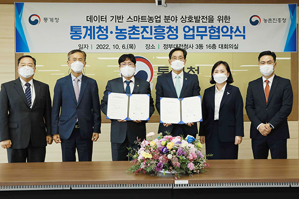 농촌진흥청과 통계청은 지난 6일 대전 통계청에서 ‘데이터 기반 스마트농업 분야 상호발전을 위한 농업자료 활용 협력’에 관한 업무협약을 체결했다.