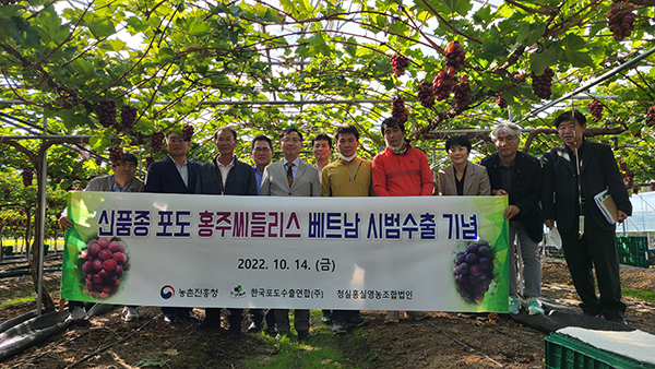 농촌진흥청은 지난 14일 신품종 포도 홍주씨들리스 베트남 시범수출 기념식이 열렸다.