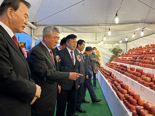 (왼쪽부터 순서대로)홍문표 의원, 권오영 조합장, 최재구 예산군수 등 내빈이 사과품평회 부스를 둘러보고 있다.