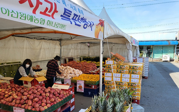 아산원예농협은 하나로마트에서 농산물 특판행사를 지속적으로 실시한다.