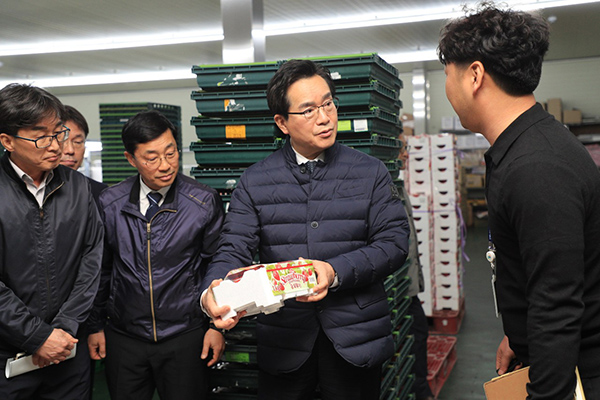 정황근 농림축산식품부 장관(가운데)은 지난 20일 충청남도 논산에 소재한 수출용 딸기 생산농가와 선별시설을 방문했다.
