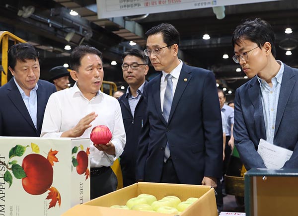 한훈 차관(오른쪽 두번째)과 관계자들이 지난 18일 서울 가락시장을 방문해 상황을 점검하고 있다.