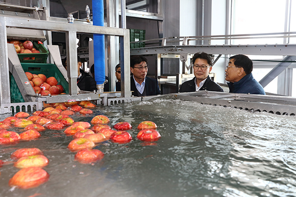 국립원예특작과학원 김명수 원장(가운데)이 청송 사과유통센터를 둘러보고 있다.
