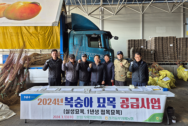 지난 13일 경기동부원예농협 본, 지소 경제사업장에 유재웅 조합장(가운데), 이호철 작목반협의회장(왼쪽 세 번째) 등 경기동부원예농협 관계자들이 묘목지원사업 기념 사진 촬영을 하고 있는 모습.