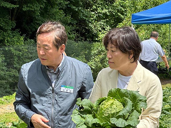 이준연 대관령원예농협 조합장(왼쪽)이 송미령 농림축산식품부 장관에게 배추 생육상황에 대해 설명하고 있다.