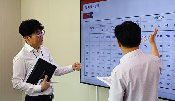 박순연 유통소비정책관이 장관실에 비치된 수급상황판을 보며 수급을 점검하고 있다.