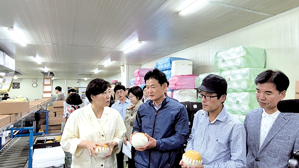 구본권 아산원예농협 조합장(좌측 두번째)이 송미령 장관(좌측)에게 배 작황에 대해 설명하고 있다.