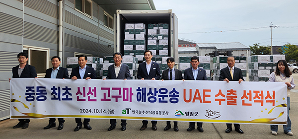 한국농수산식품유통공사는 지난 14일 전남 영암군 농업회사법인 담아 본사에서 아랍에미리트(UAE)로 향하는 한국산 고구마의 첫 해상 수출 선적식을 개최했다.