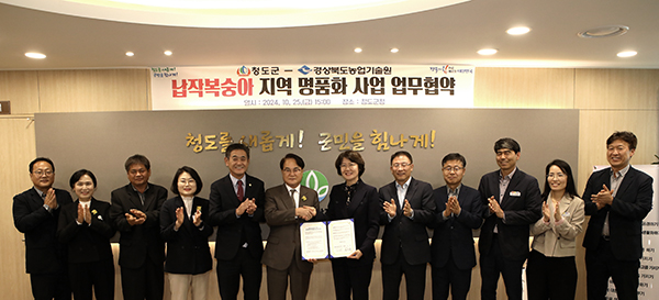 경상북도농업기술원은 청도군과 경북 복숭아 산업의 경쟁력 강화를 위해 지난달 25일 청도군청에서 ‘납작복숭아 신품종 명품화 사업’ 추진을 위한 업무협약을 체결했다.