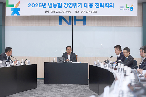 지난 13일 본관 화상회의실에서 지준섭 부회장(가운데)과 계열사 CFO(최고 재무 관리자) 등 40여 명이 참석한 가운데 ‘범농협 경영위기 대응 전략회의’를 열었다.