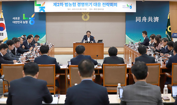지난달 25일 서울 중구 본관 중회의실에서‘제2차 범농협 경영위기 대응 전략회의’를 지준섭 부회장(가운데)이 주재하고 있다.