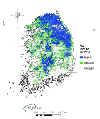 사과재배지변동예측지도 과거 30년